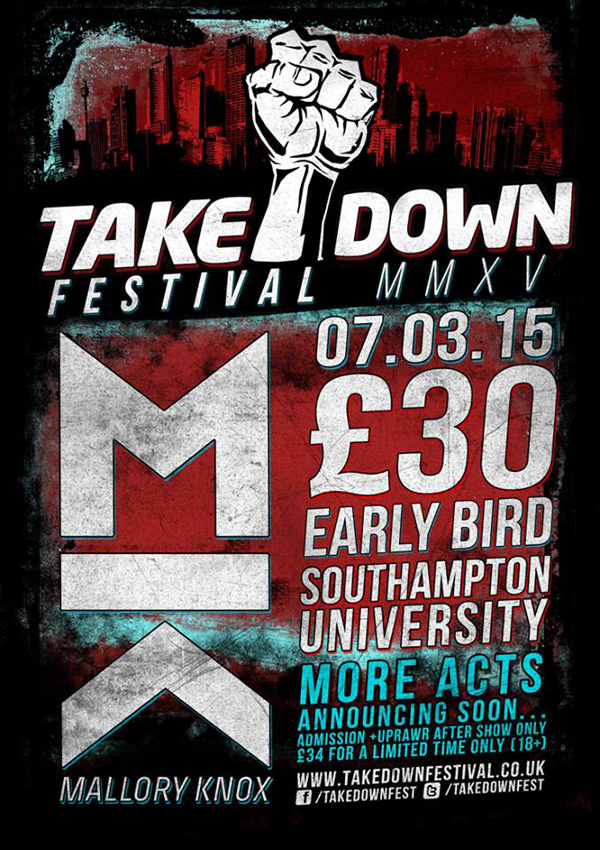 Takedown Festival 2015 Mallory Knox Headliners Poster