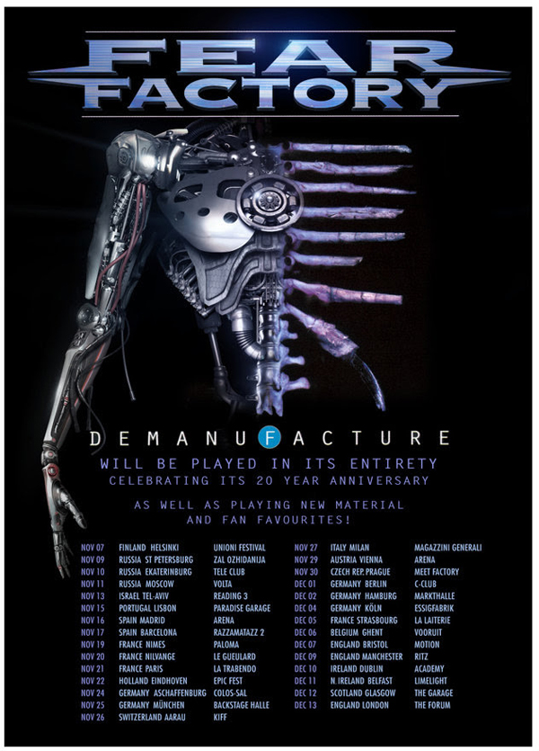 Fear Factory Demanufactured 20th Anniversary UK European Tour Poster