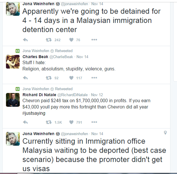 Jona Weinhofen from I Killed The Prom Queen tweets about being detained in Malaysia (1 of 2)