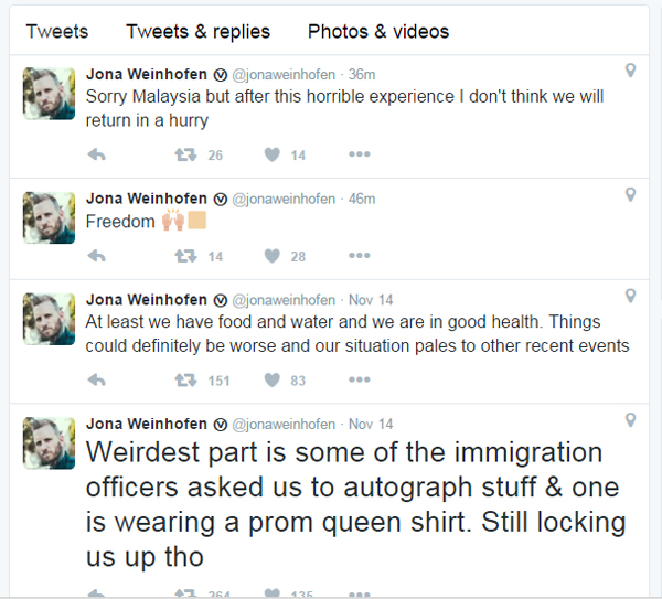 Jona Weinhofen from I Killed The Prom Queen tweets about being detained in Malaysia (1 of 2)