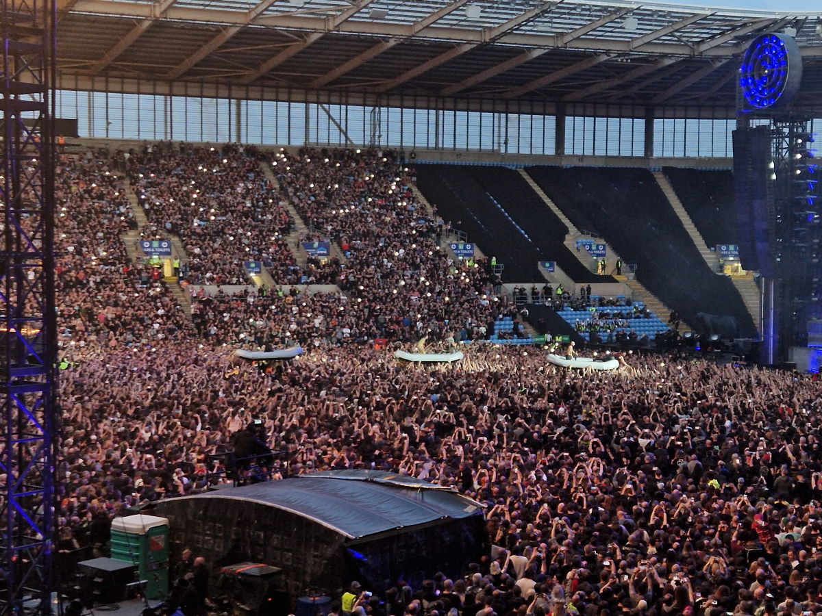 Rammstein using inflatable dinghies to crowd surf at the Coventry Building Society Arena, 26th June 2022